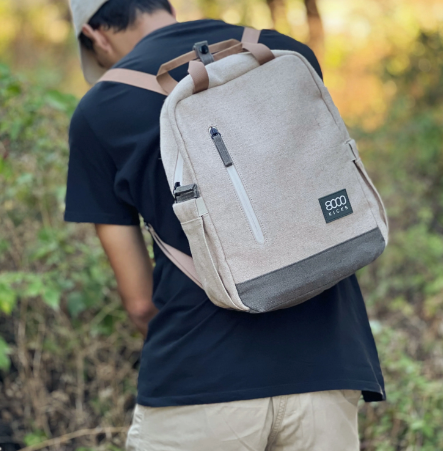 Small Waterproof Everyday Hemp Backpack, Beige & Green