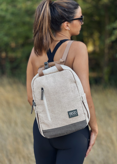 Small Waterproof Everyday Hemp Backpack, Beige & Green