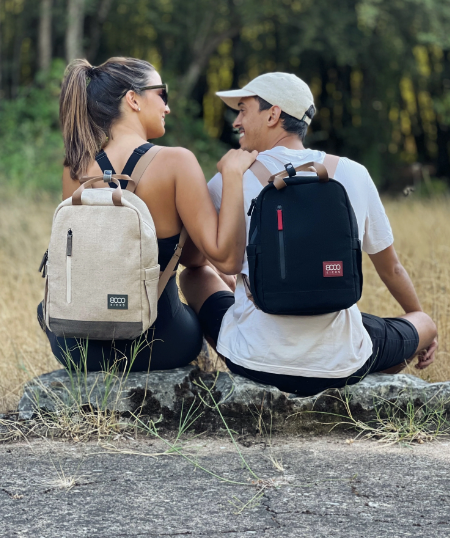 Small Waterproof Everyday Hemp Backpack, Beige & Green